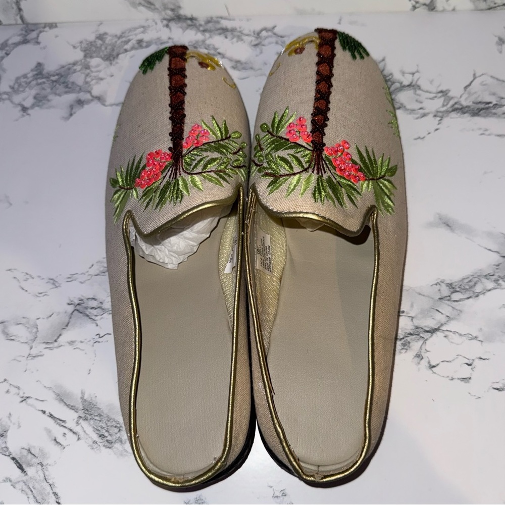 Vintage Avon Embroidered & Beaded Tropical Palm Tree and Monkey Mules/Slides - Picture 3 of 9